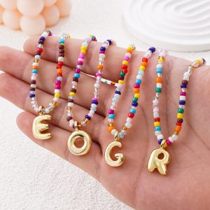 Dopamine Colored Rice Bead Necklace English Letter 18k Gold Plated Necklace