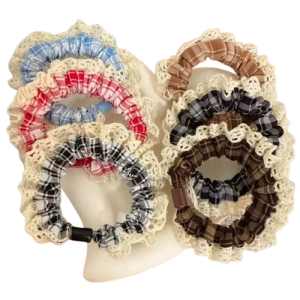Wholesale lace plaid high elasticity denim fabric headband scrunchie